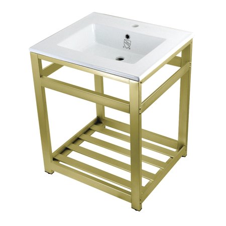 FAUCETURE VWP2522A7 25-Inch Ceramic Console Sink (1-Hole), White/Brushed Brass VWP2522A7